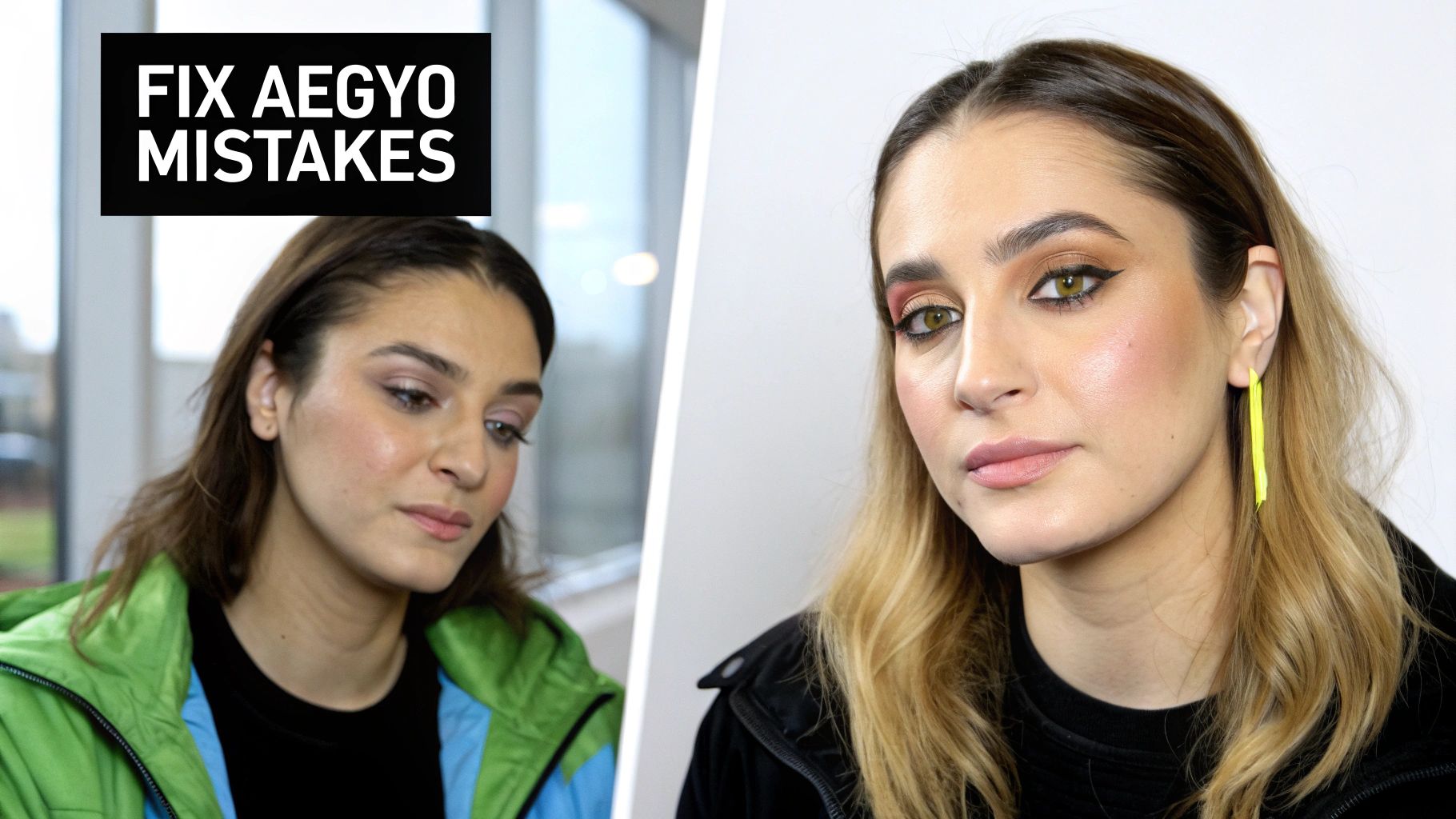 A split image shows a woman comparing two distinct makeup looks, one subtle, one dramatic.
