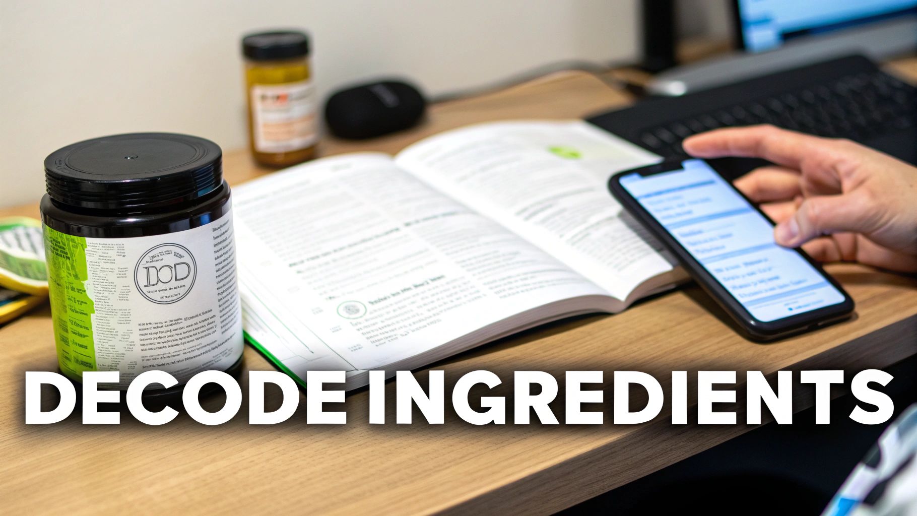 Hand scrolling a smartphone, next to a supplement jar and an open book on a wooden desk.
