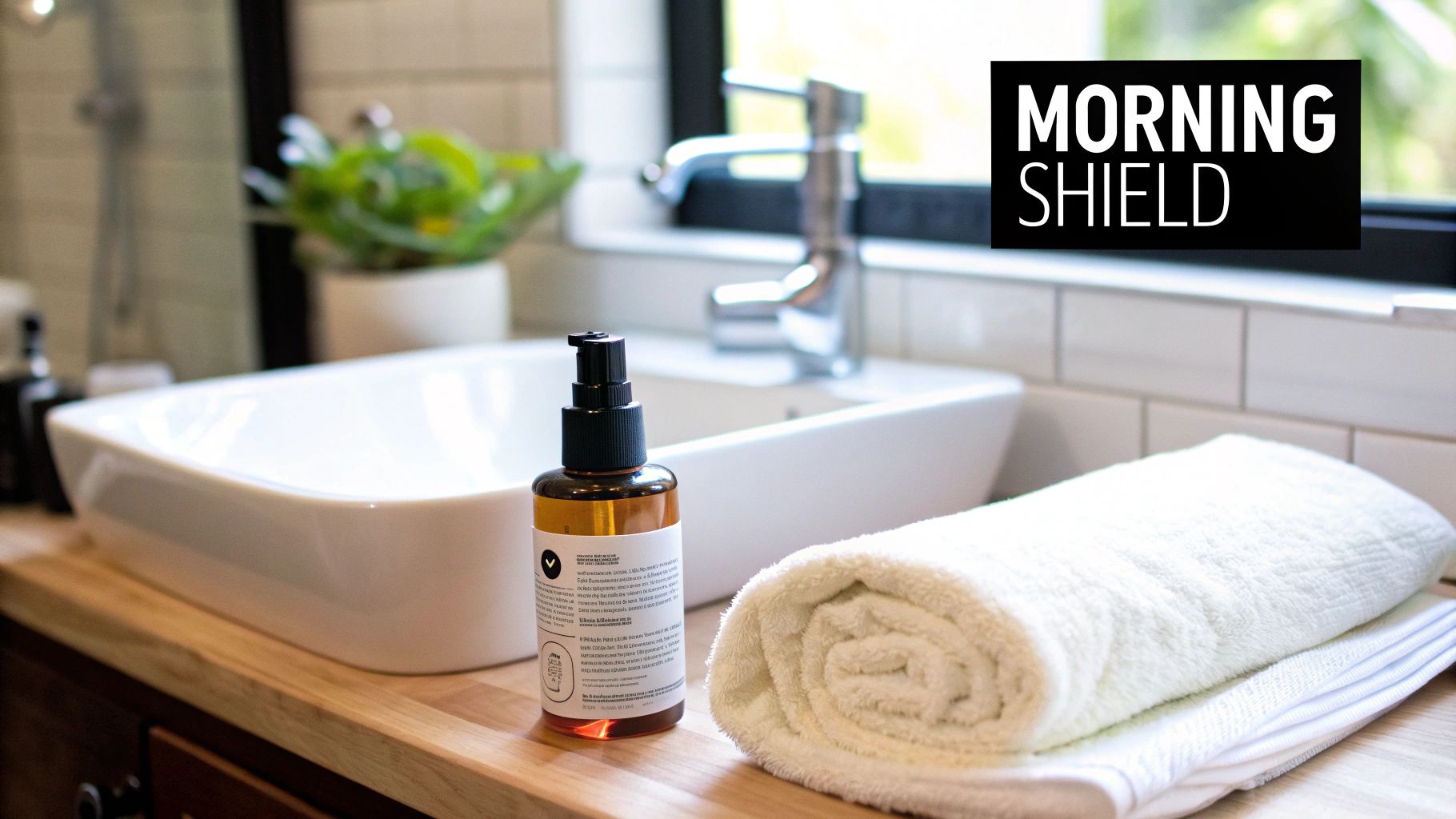 A skincare bottle labeled 'MORNING SHIELD' next to a rolled white towel on a bathroom counter with a sink.
