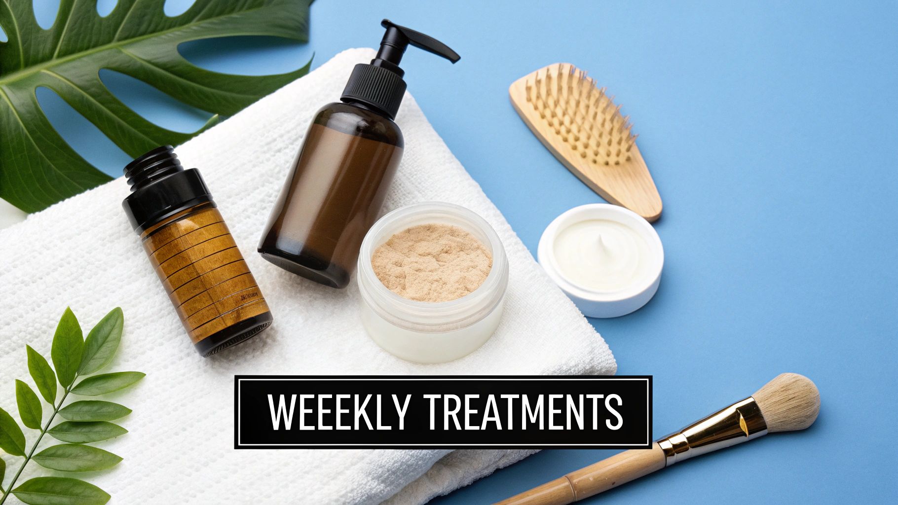 Various beauty and self-care products, including bottles, jars, and brushes, arranged on a white towel.