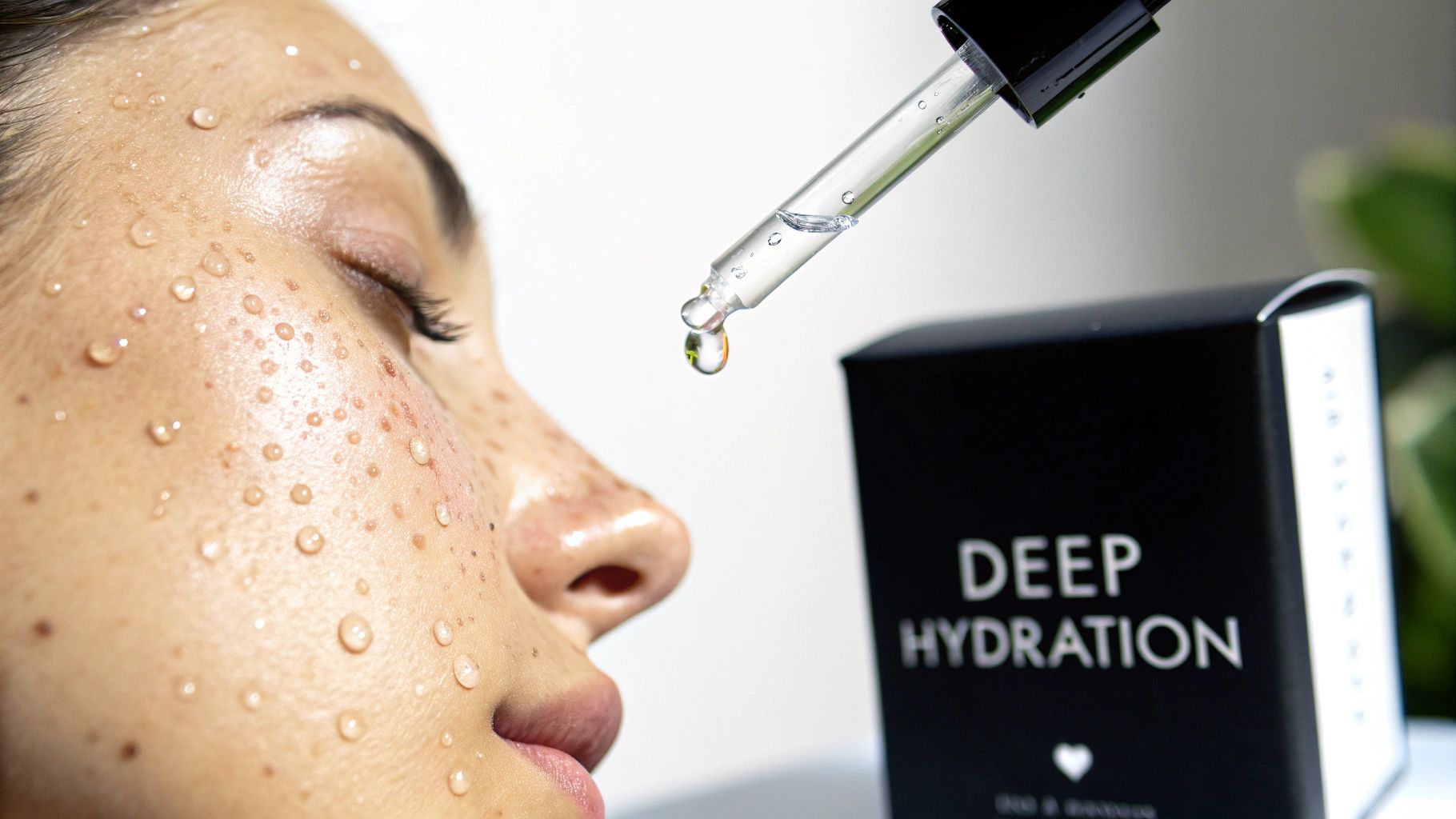 Close-up of skin with water droplets, a serum dropper, and a 'Deep Hydration' product box.