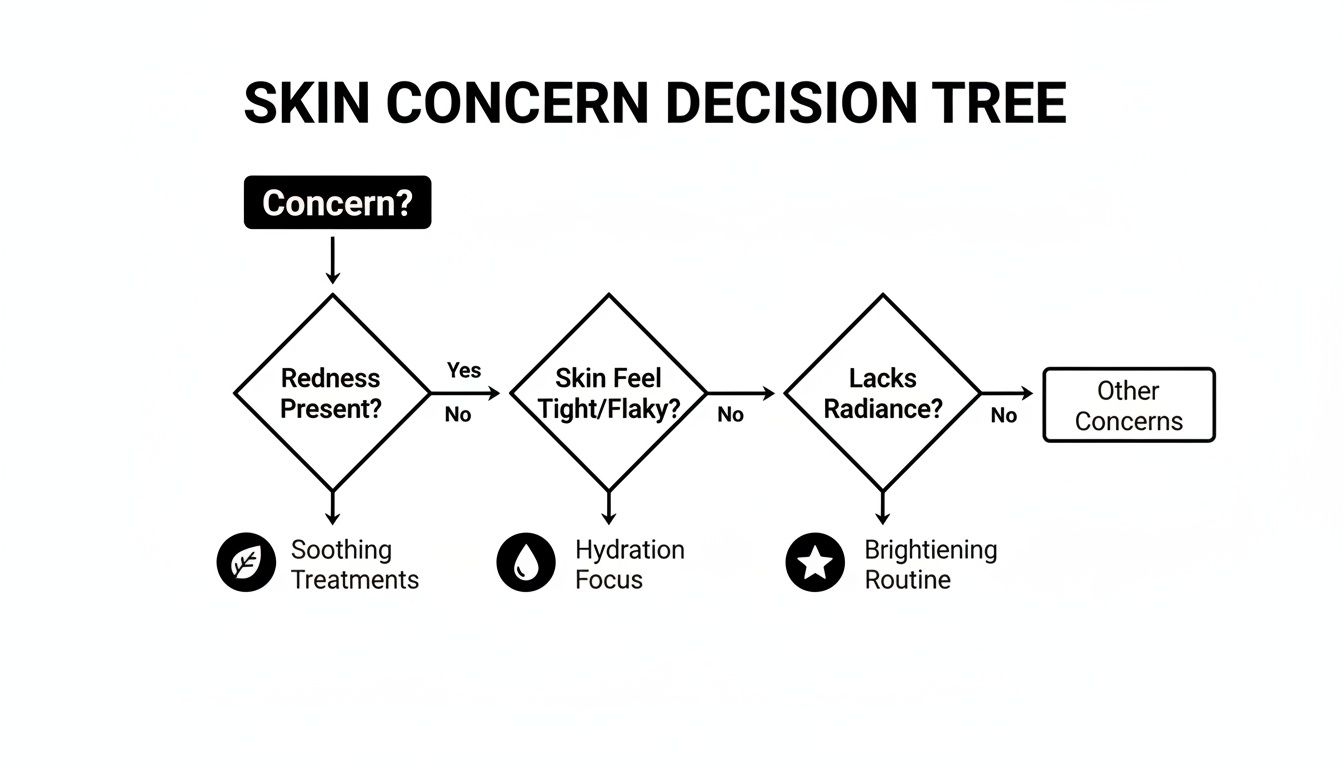 Flowchart guiding skin concern solutions: redness, dryness, and dullness, leading to specific treatments.
