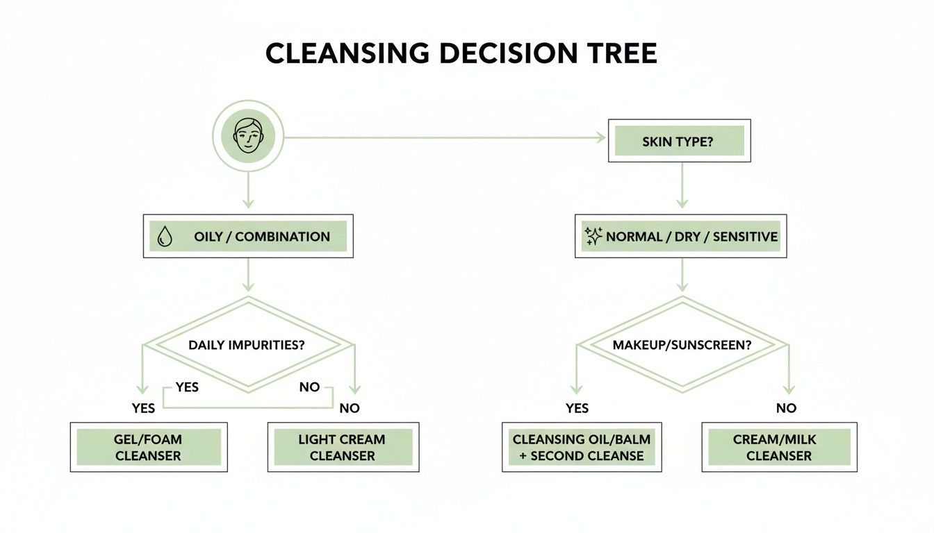 A cleansing decision tree flowchart helps choose the right cleanser based on skin type and daily habits.