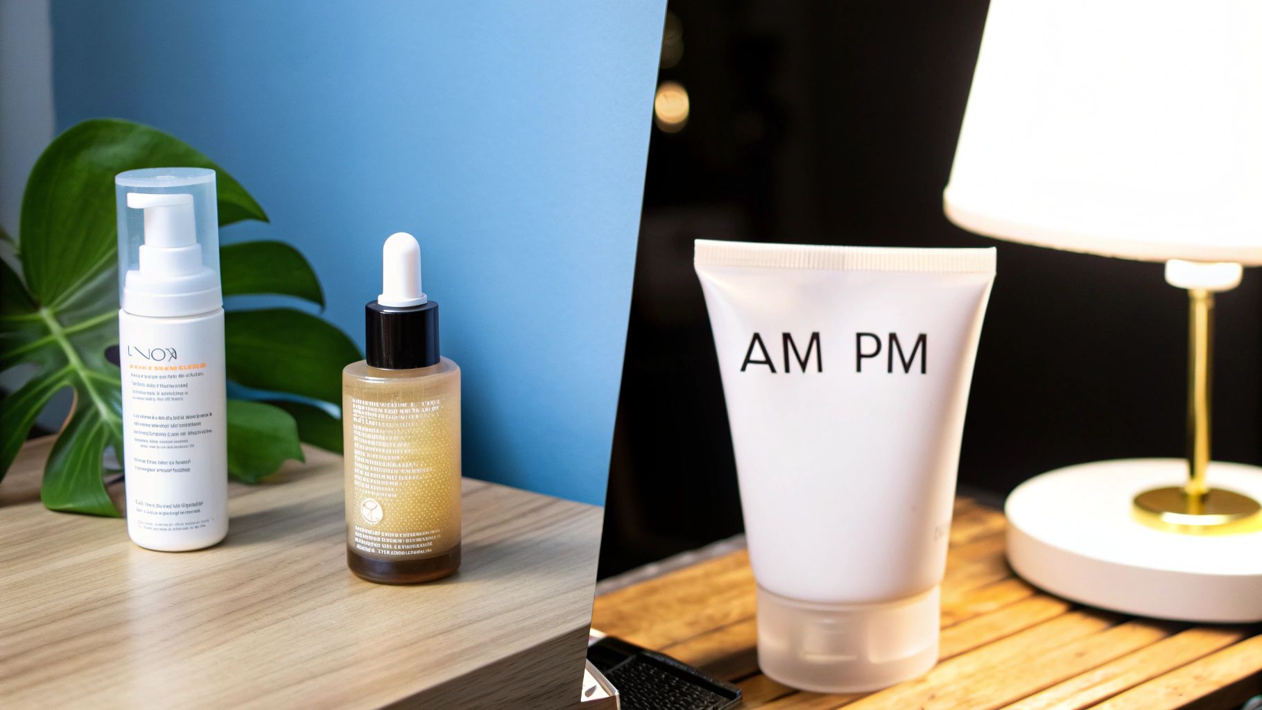A split image showcasing various skincare products, including bottles, a tube labeled 'AM PM', and a lamp.