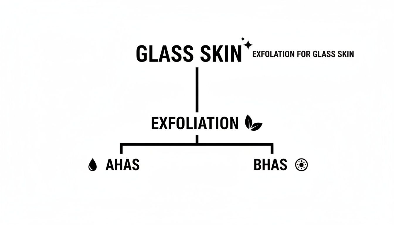 A skincare diagram explaining how exfoliation, using AHAs and BHAs, helps achieve glass skin.