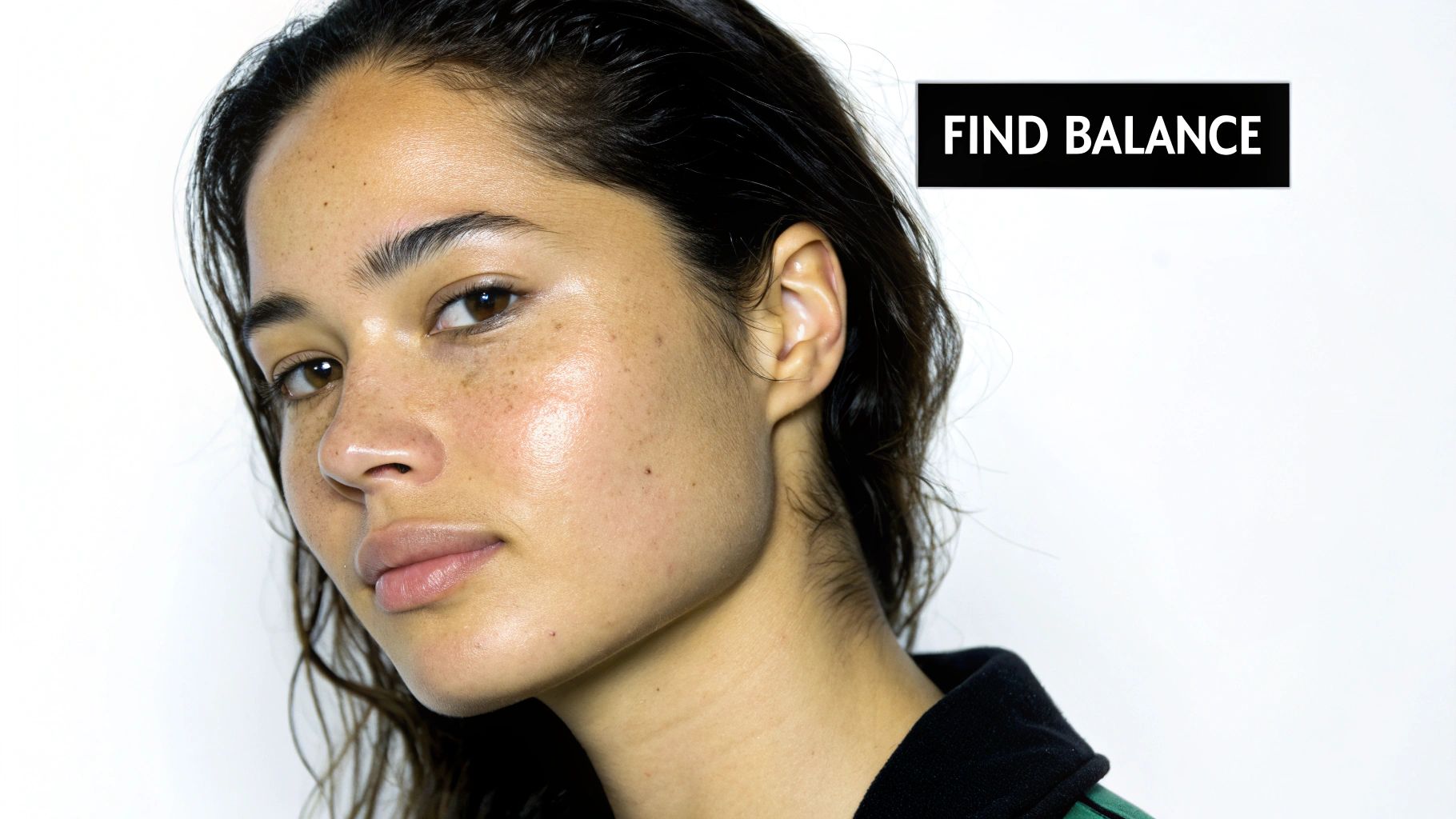 Close-up of a woman's face with natural, glowing skin and freckles, and a "FIND BALANCE" text.