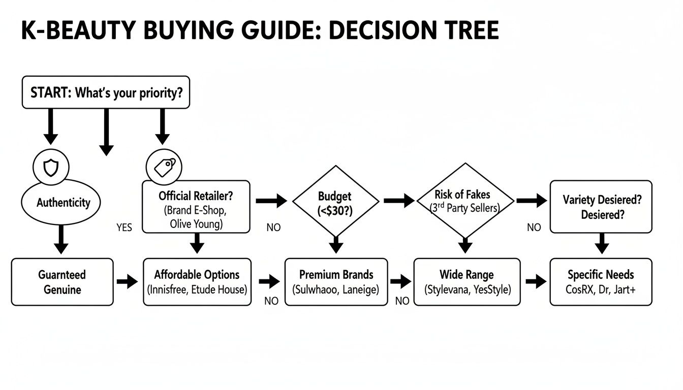 Decision tree for K-Beauty buying guide, outlining priorities like authenticity, budget, and retailers.