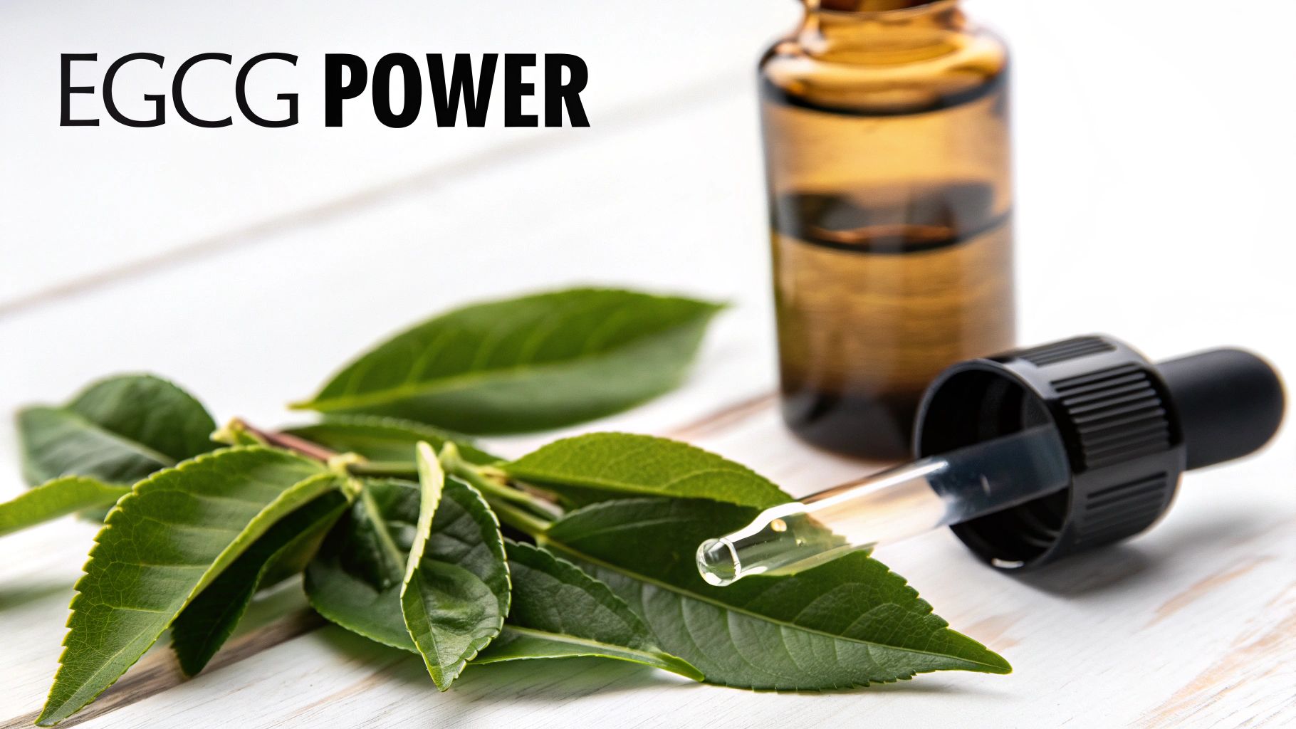 Fresh green tea leaves are arranged on a white wooden surface, with an amber dropper bottle and dropper in the background. Text reads 'EGCG POWER'.