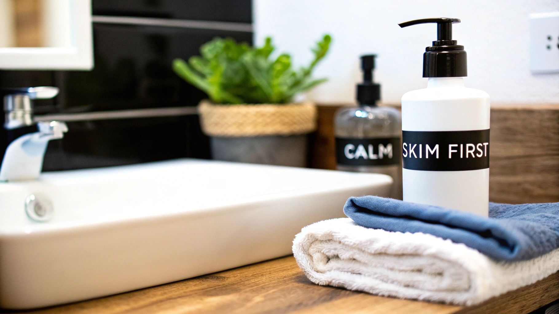 Modern bathroom vanity with a white sink, chrome faucet, pump bottles, and stacked towels on a wooden counter.