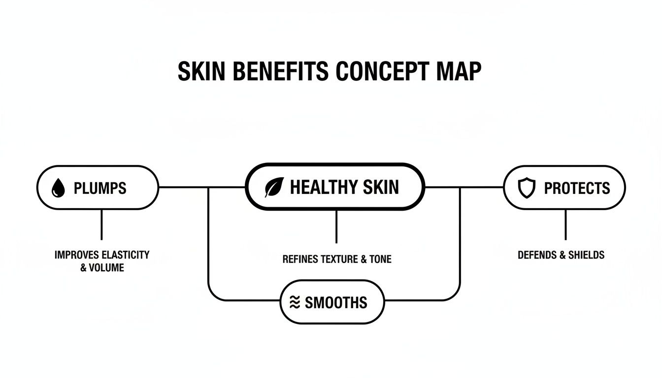 Concept map illustrating key skin benefits for healthy skin: plumps, smooths, protects, refines texture, and improves elasticity.