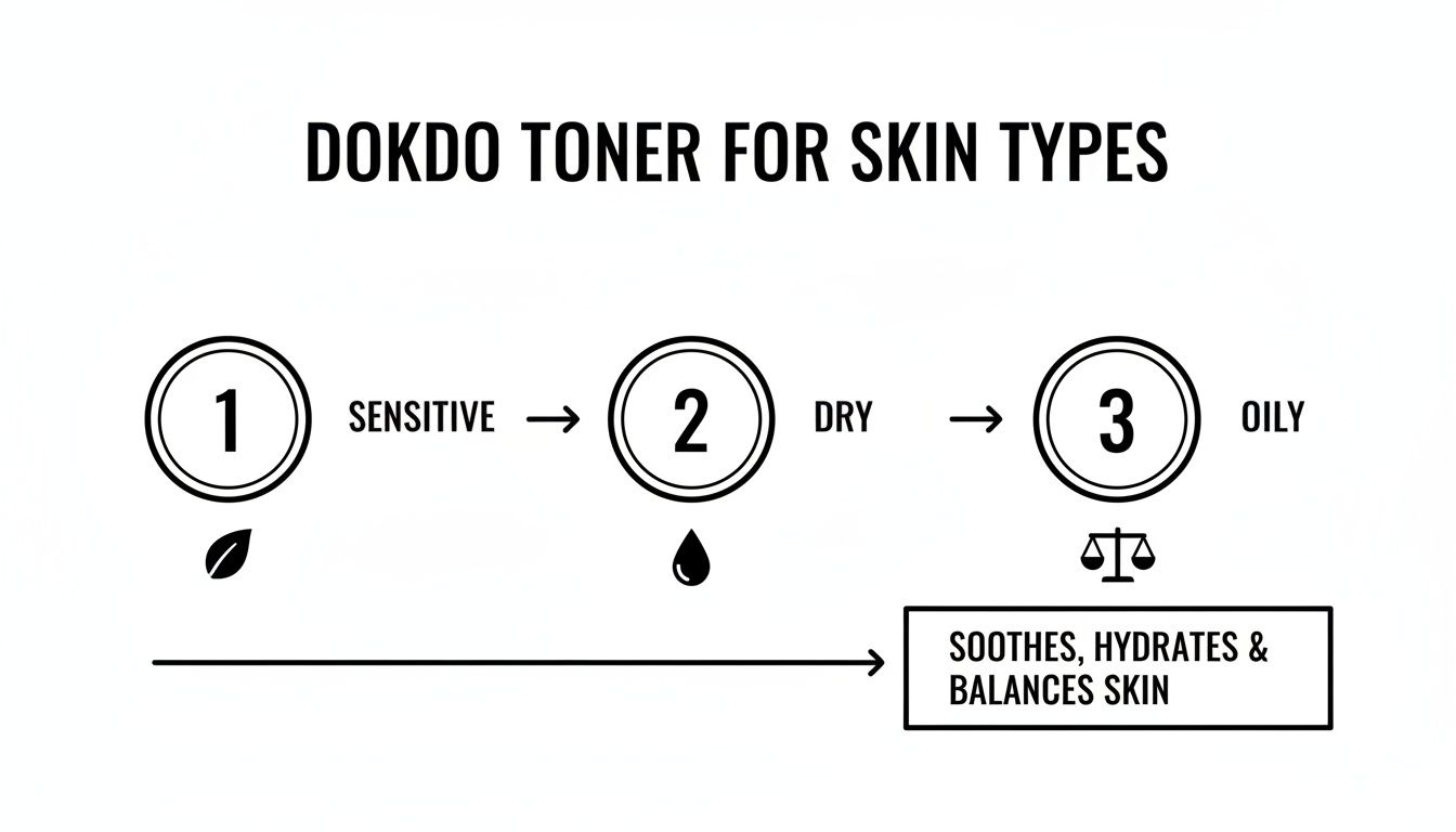 Diagram illustrating Dokdo toner's benefits for sensitive, dry, and oily skin: soothes, hydrates, and balances.