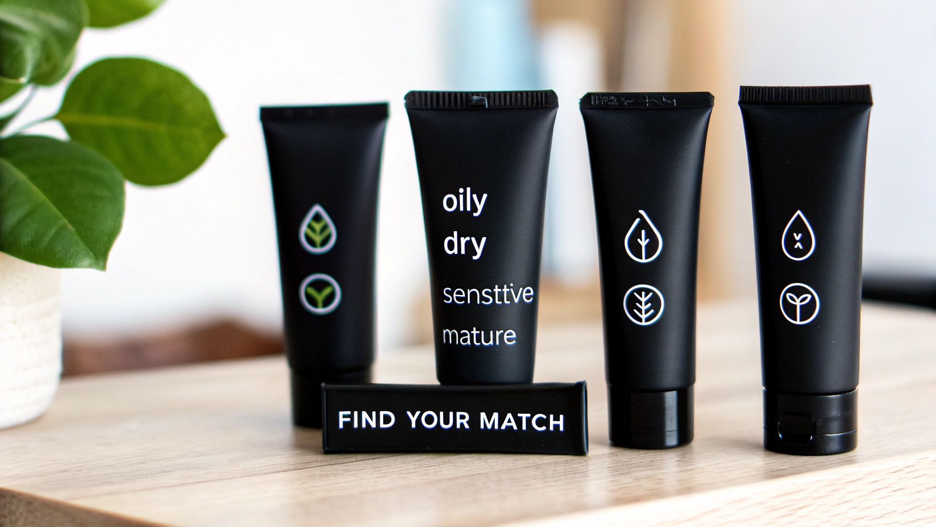 Four black skincare tubes on a wooden table, one labeled 'oily dry sensitive mature', and a 'FIND YOUR MATCH' sign.