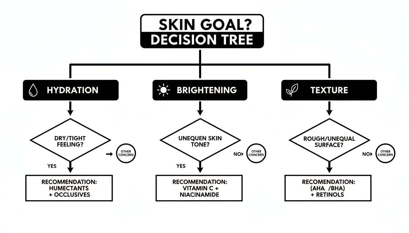 A skin goal decision tree illustrating recommendations for hydration, brightening, and texture concerns.