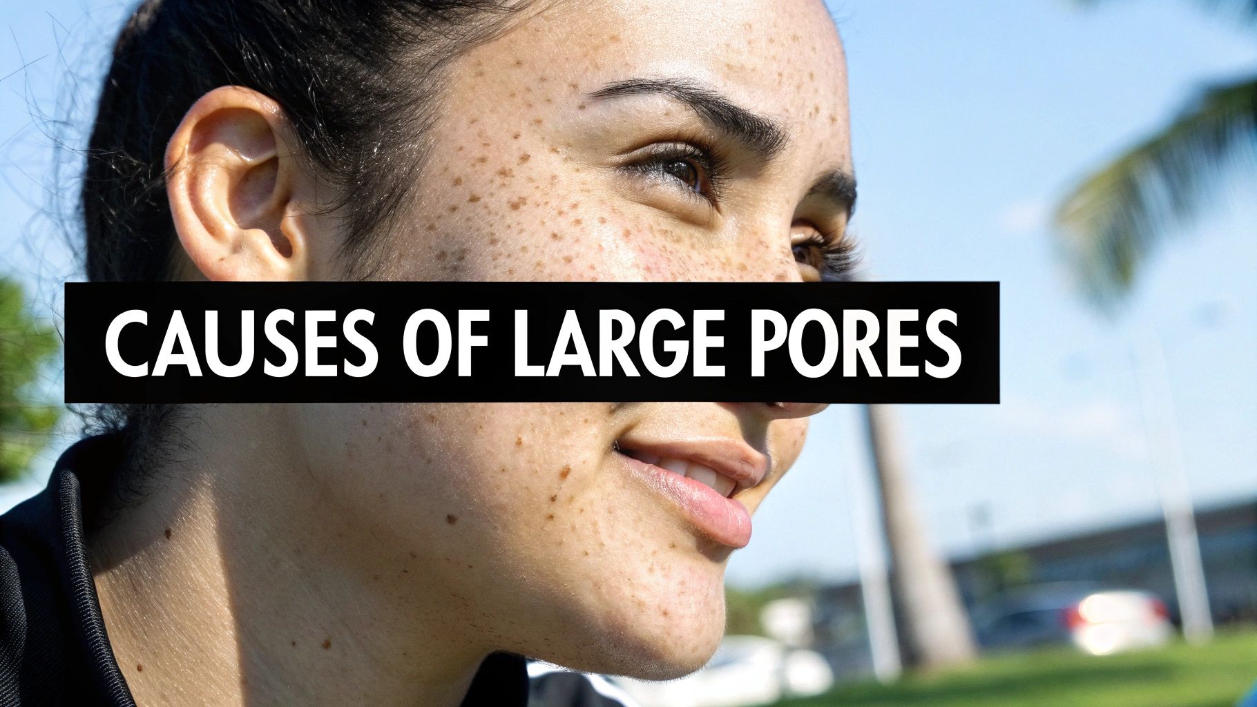 Close-up of a person's freckled face with a text overlay: 'CAUSES OF LARGE PORES'.