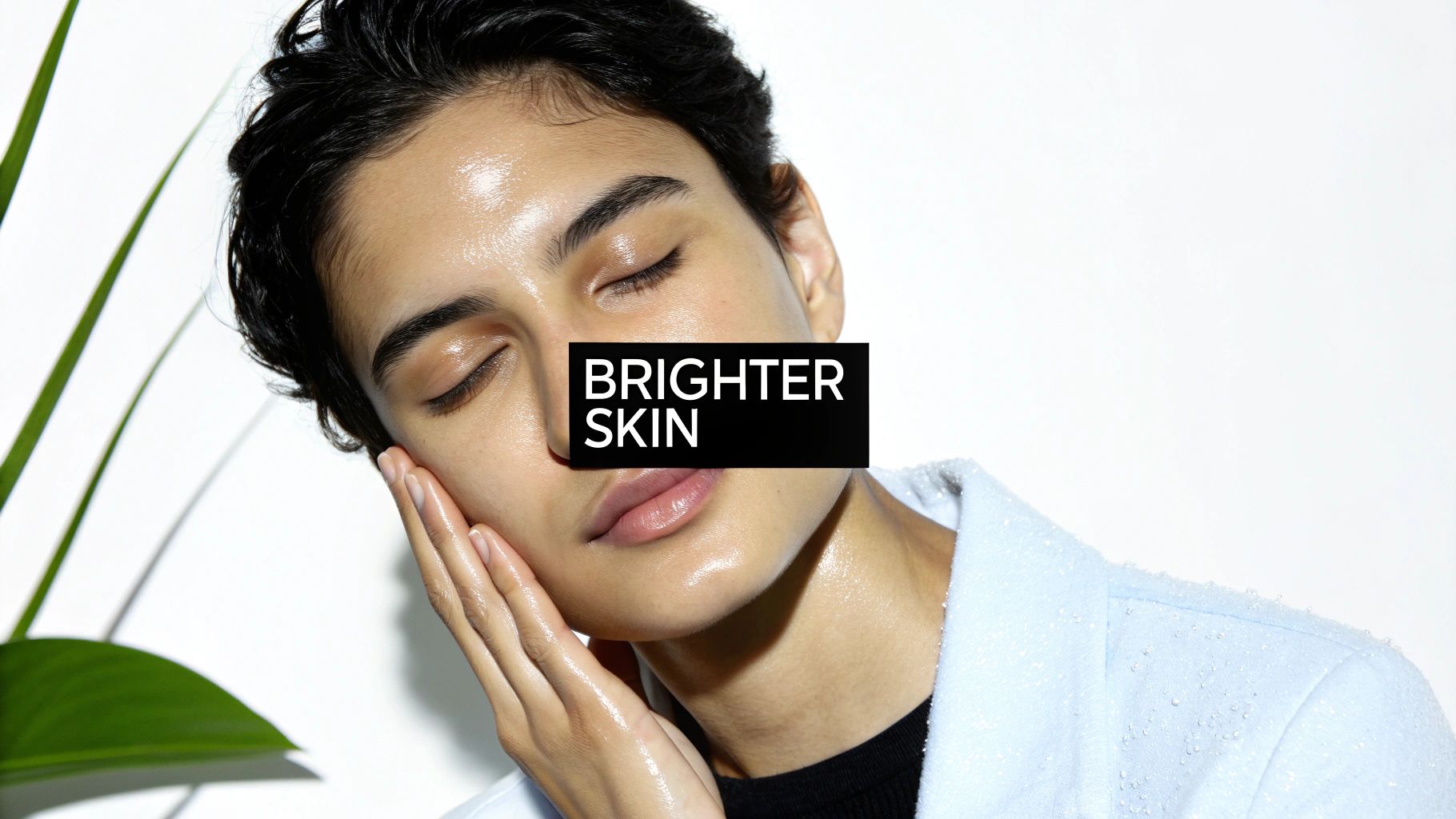 A person with radiant, dewy skin, eyes closed, gently touching their face. Text says 'BRIGHTER SKIN'.