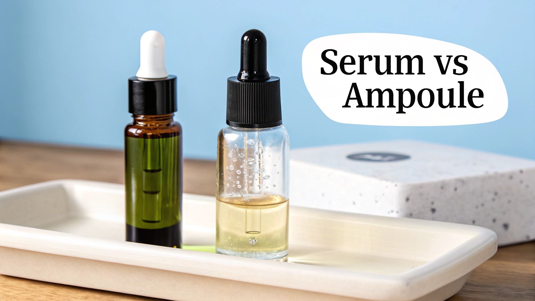 Two skincare dropper bottles, one green and one clear, on a white tray, with text 'Serum vs Ampoule'.