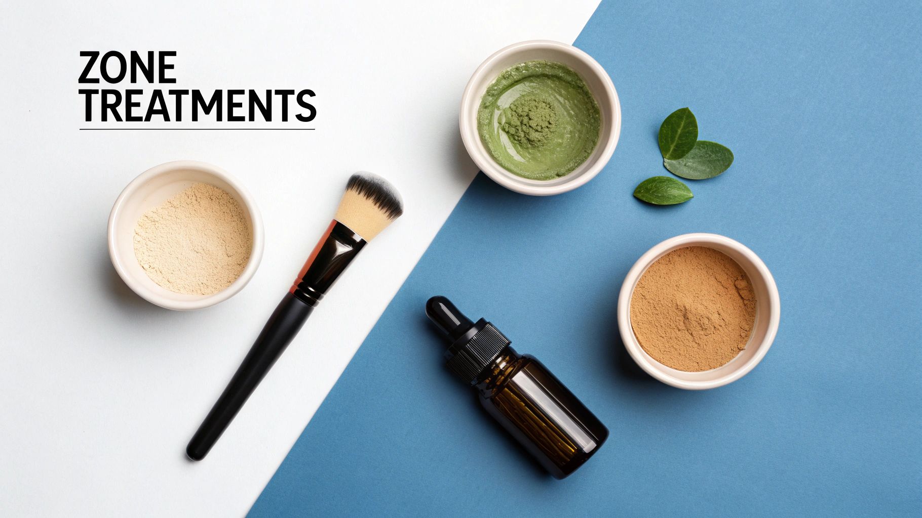 Overhead of skincare ingredients like powders, green mask, dropper bottle, and brush on a two-tone background.