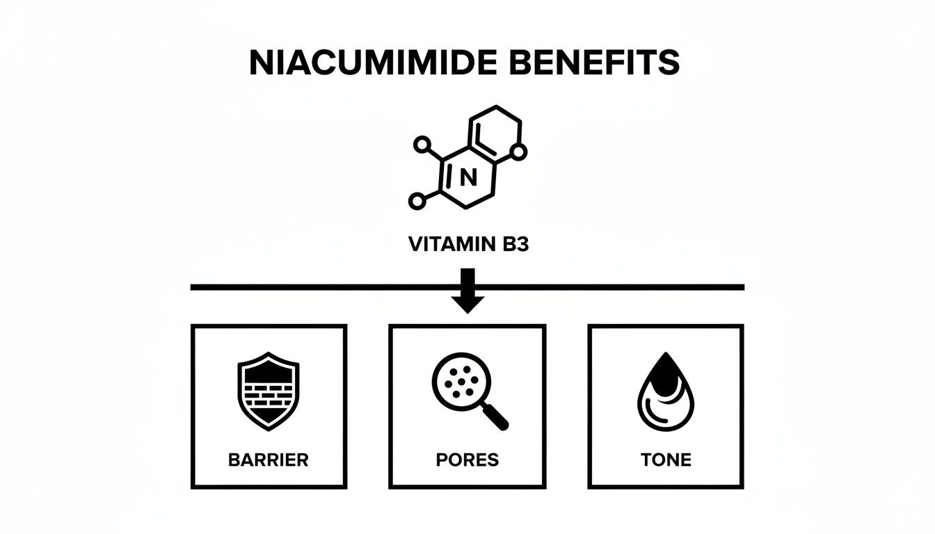 Infographic detailing Niacinamide (Vitamin B3) benefits: improved skin barrier, reduced pores, and even tone.