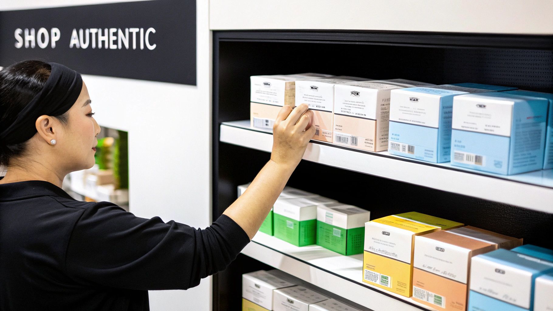 A woman shops for authentic Korean skincare products, reaching for a box on a shelf.