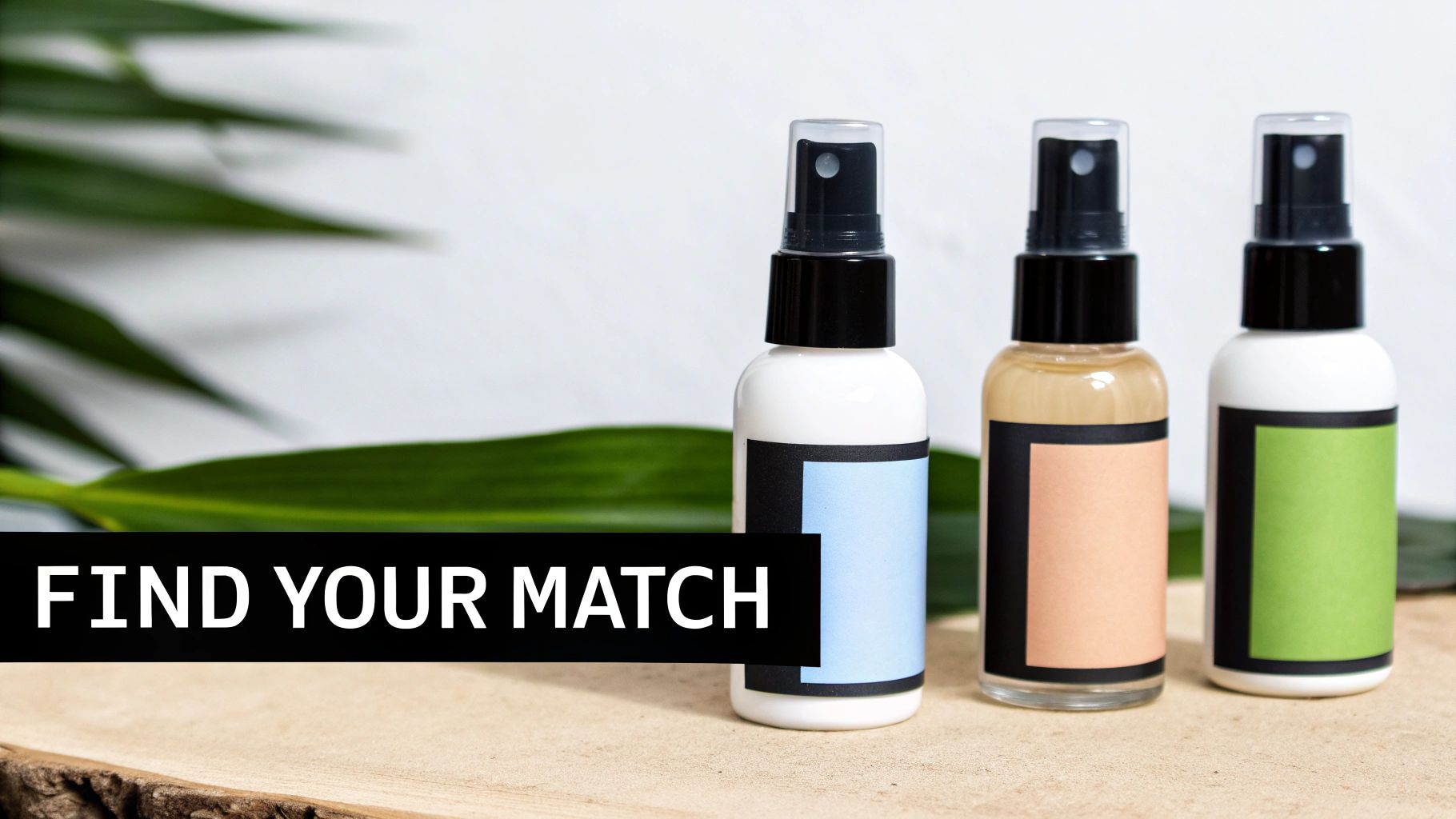 Three cosmetic spray bottles with blue, peach, and green labels on a wooden surface with a leaf. Text: FIND YOUR MATCH.