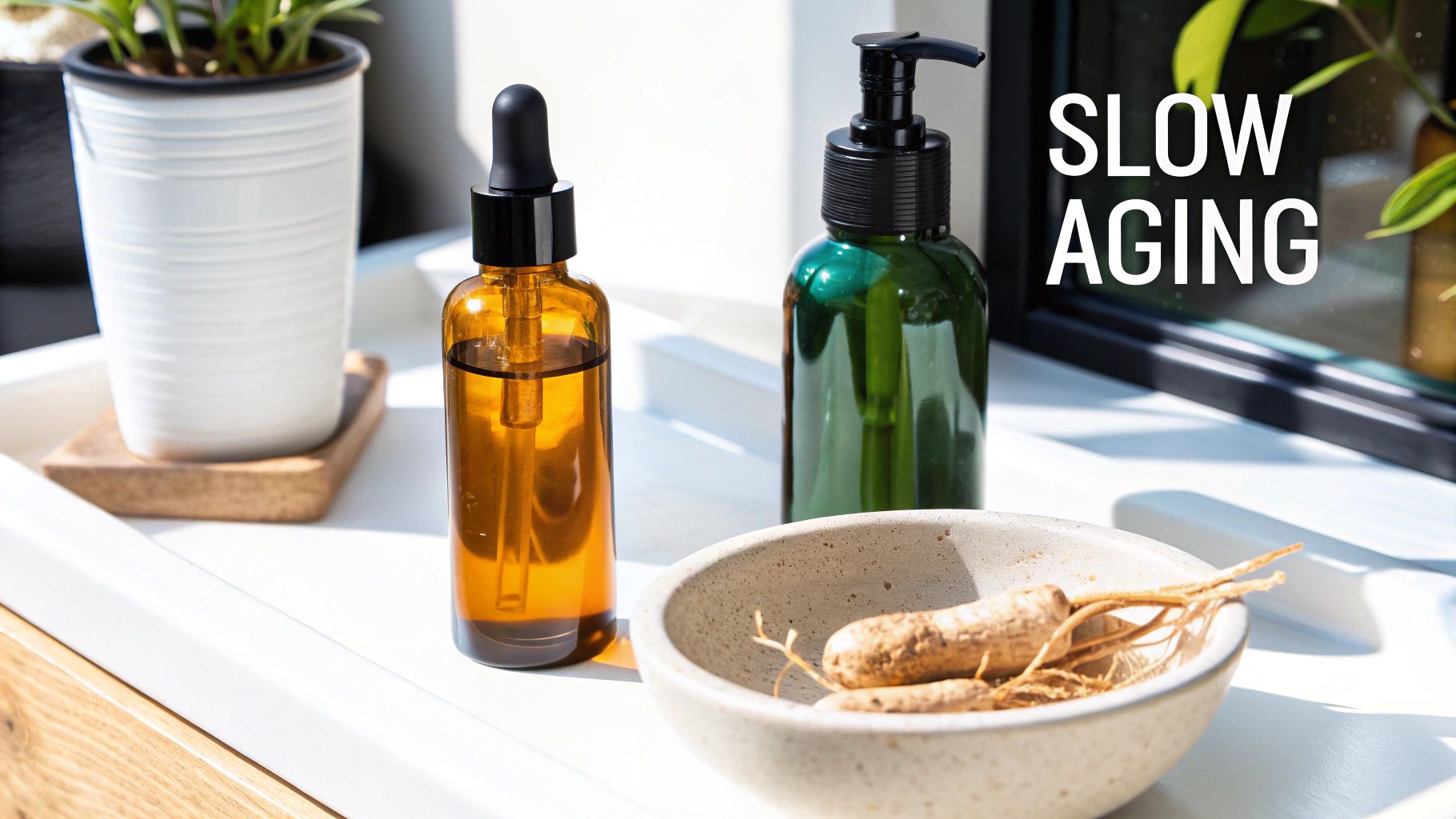 Amber dropper bottle, green pump bottle, and ginseng roots for slow aging skincare on a white surface.