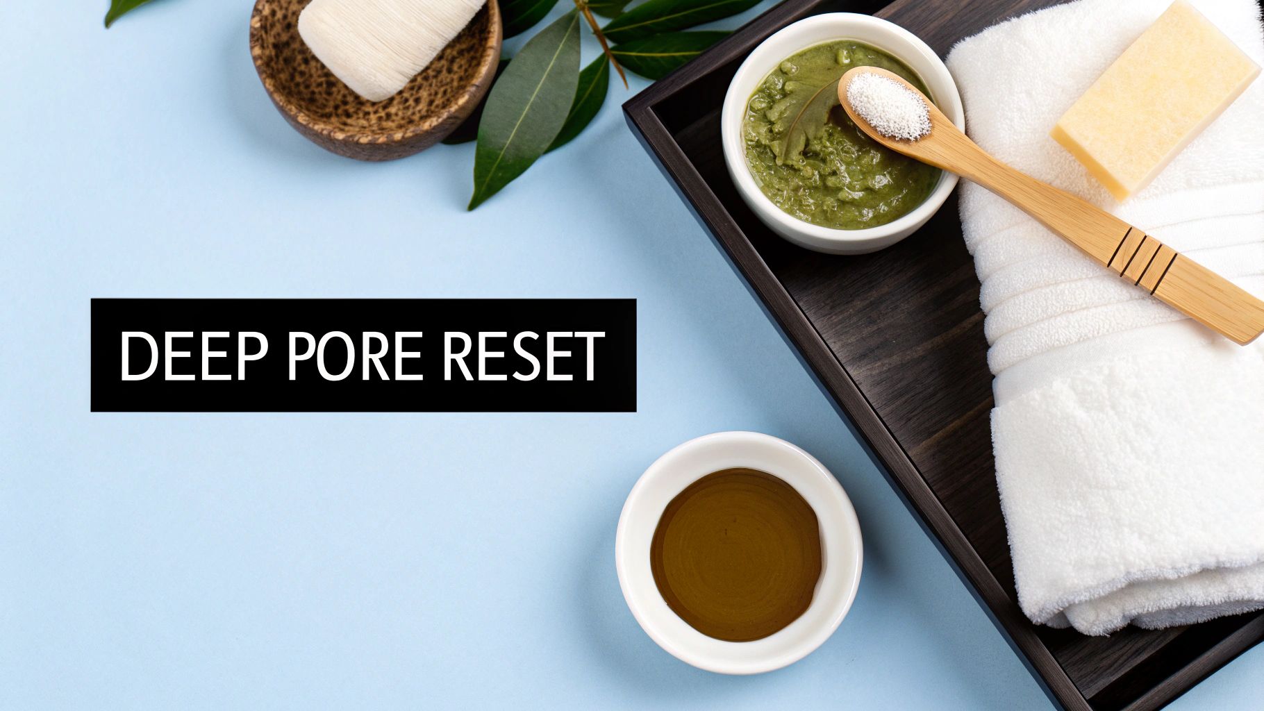 Overhead shot of various spa products, including a green face mask, white exfoliating scrub, soap, and white towel on a light blue background, with text 'DEEP PORE RESET'.