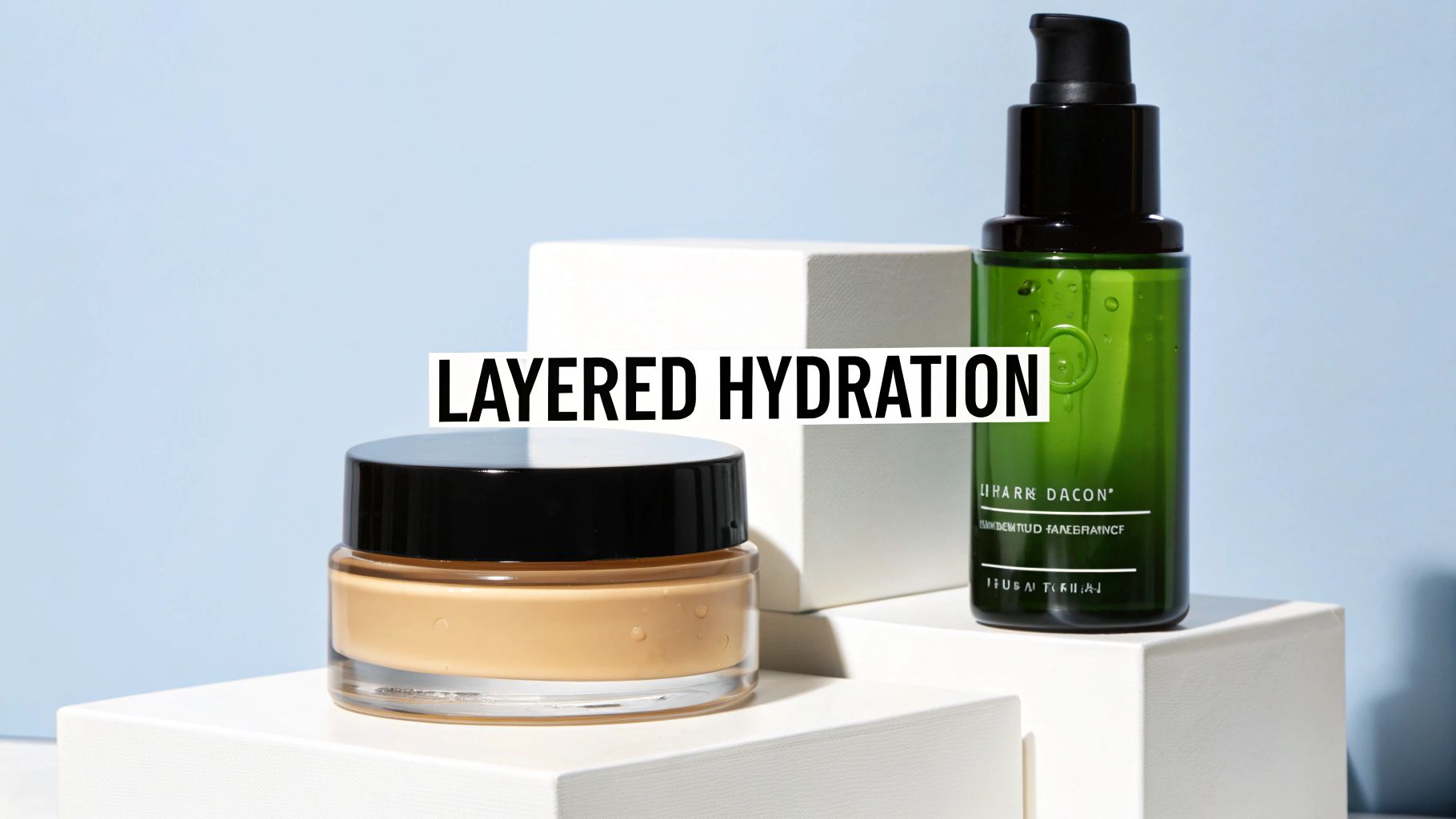 Two skincare products, a jar of cream and a green pump bottle, on white blocks with 'LAYERED HYDRATION' text.