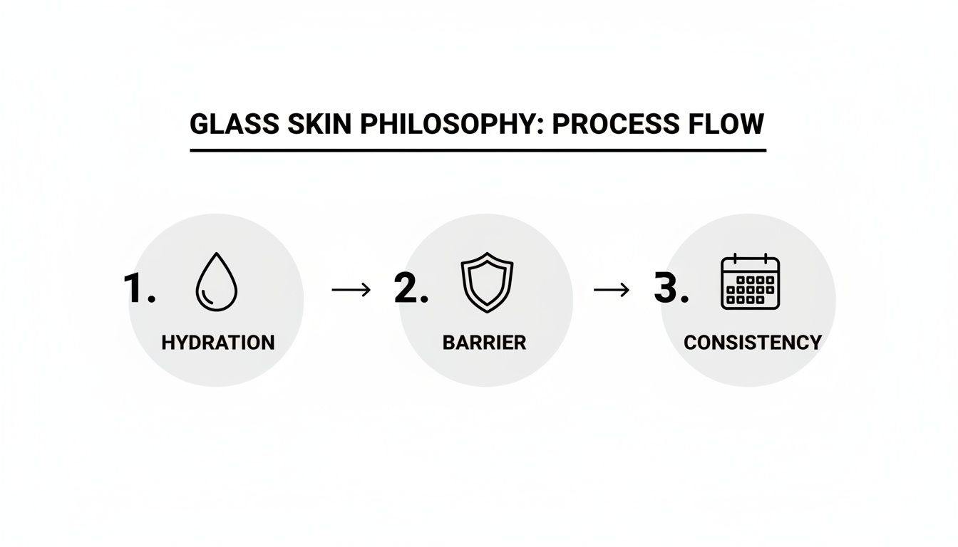 A process flow for glass skin philosophy, showing three steps: Hydration, Barrier, and Consistency.