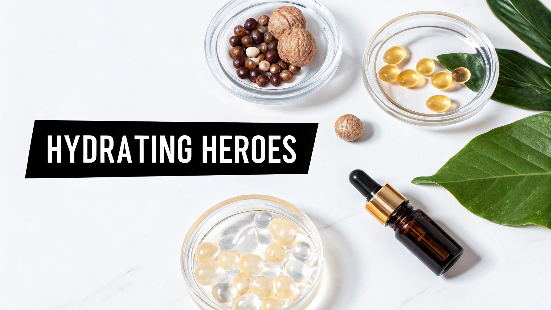 Flat lay of hydrating skincare ingredients and supplements like capsules, beads, and a dropper bottle on marble with green leaves.