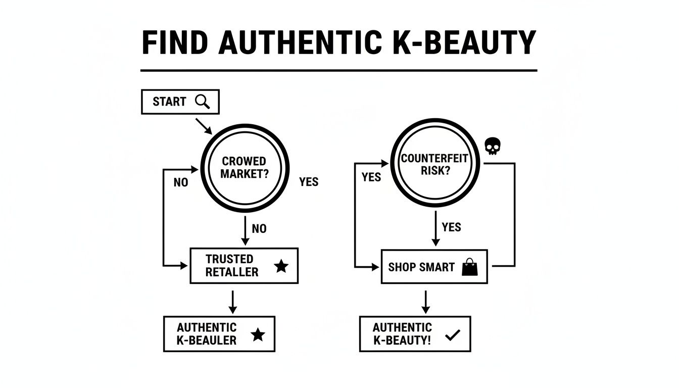 Flowchart illustrating how to find authentic K-Beauty products through market assessment and smart shopping.