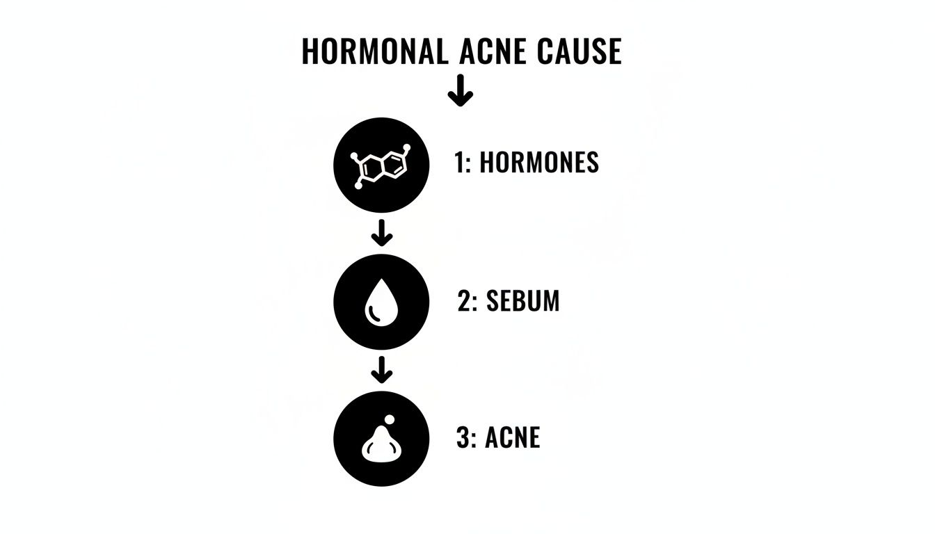 Flowchart illustrating the cause of hormonal acne, from hormones to sebum production, resulting in acne.