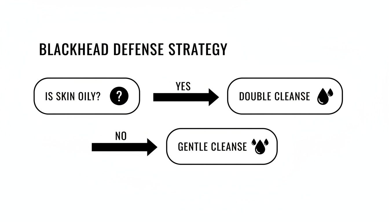 Flowchart showing a blackhead defense strategy: if skin is oily, double cleanse; if not, gentle cleanse.
