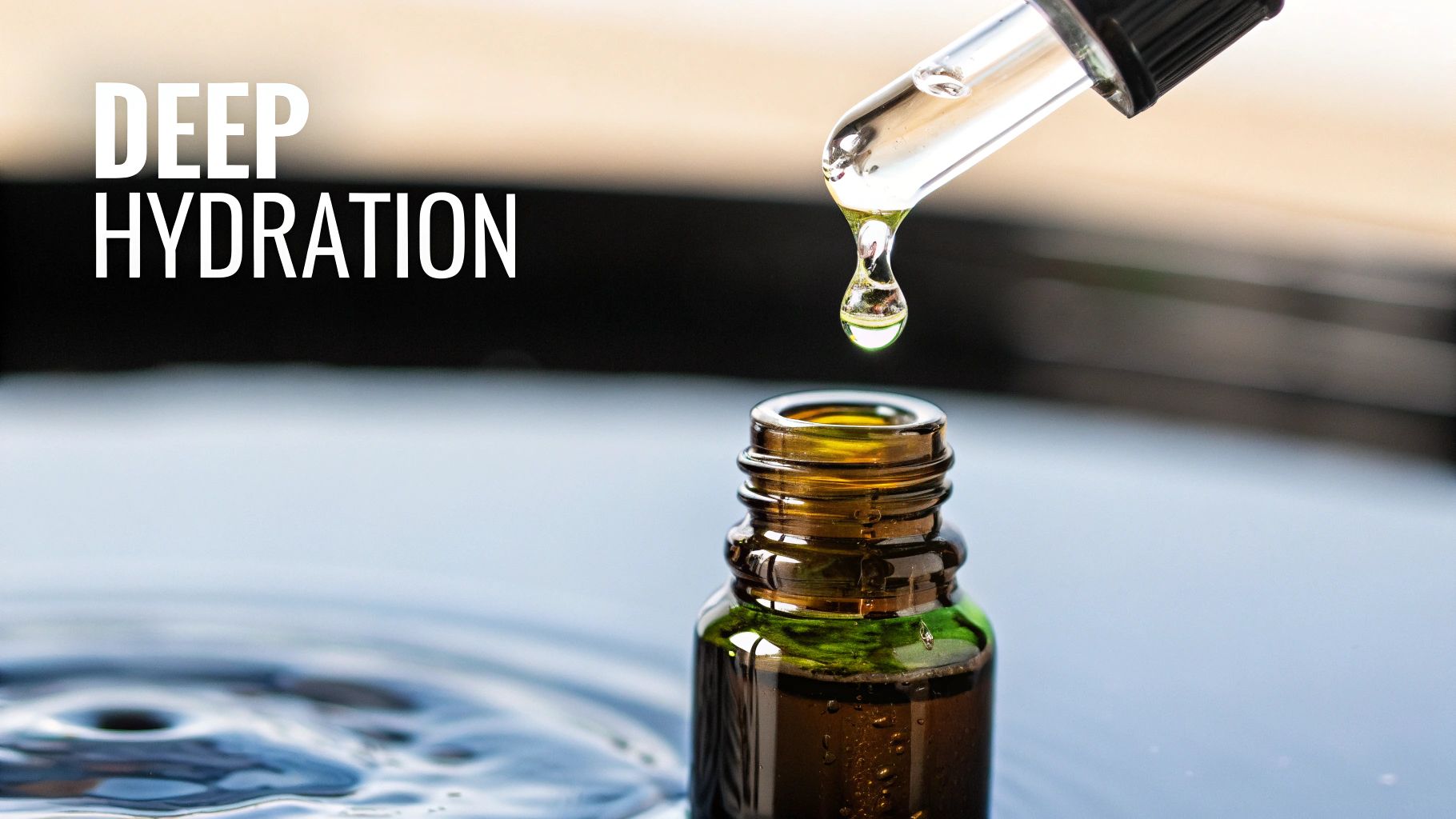 A clear dropper dispenses a liquid into a small amber bottle, creating water ripples, with text 'DEEP HYDRATION'.