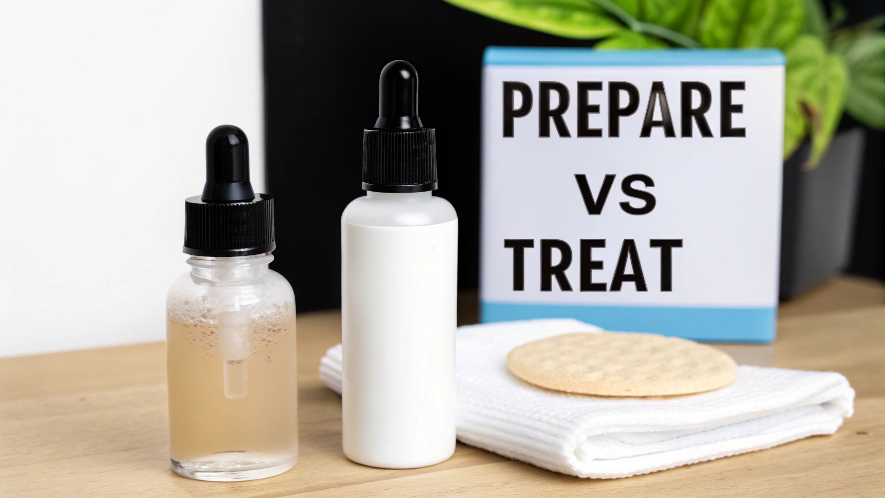 Two skincare dropper bottles, a pad on a towel, and a 'PREPARE VS TREAT' sign.