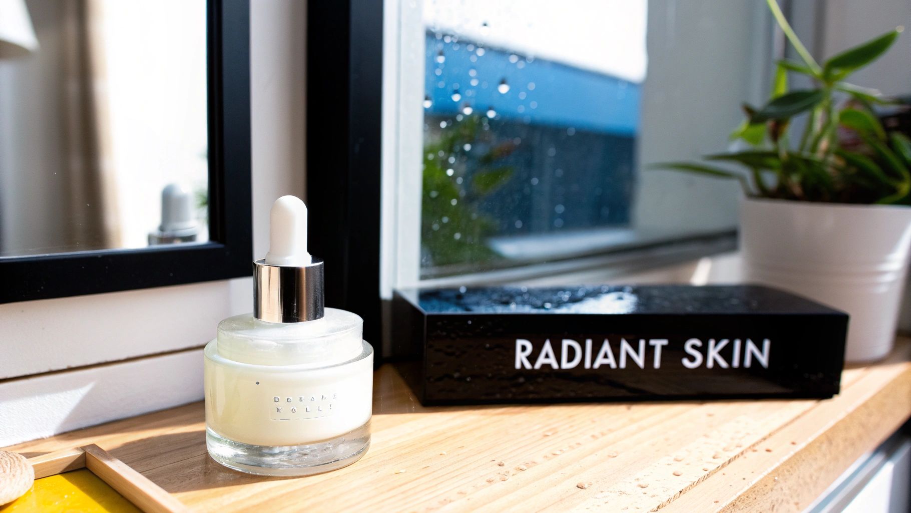A dropper bottle of moisturizer, 'RADIANT SKIN' box, mirror, and plant on a wooden shelf.