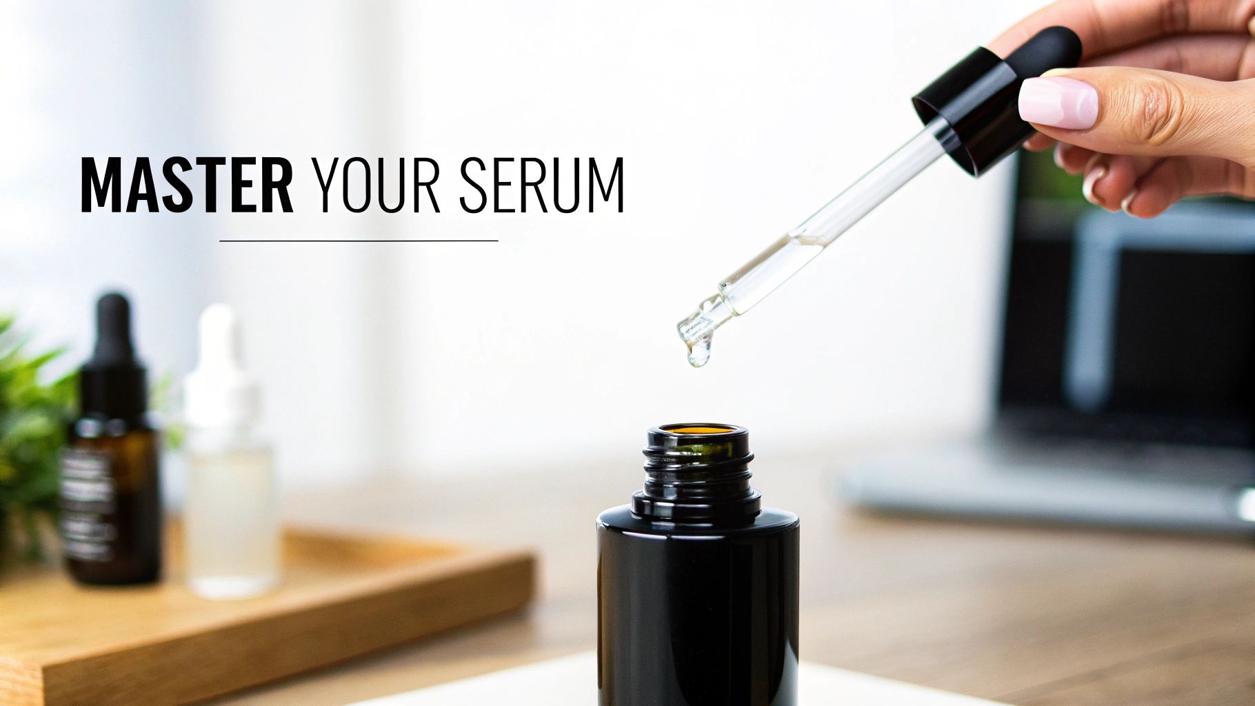 A hand holds a dropper, dispensing clear serum into a dark bottle, with the text 'MASTER YOUR SERUM'.