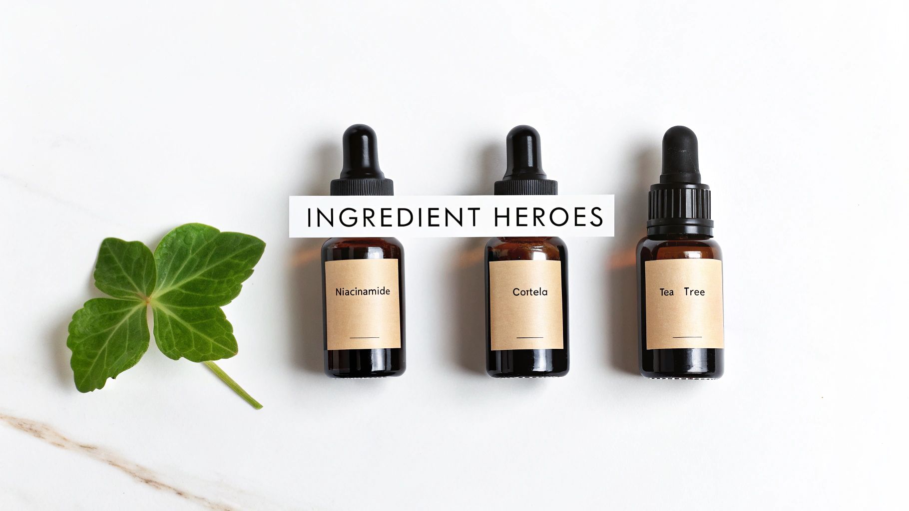 Three amber dropper bottles with Niacinamide, Cortela, Tea Tree labels, a green leaf, and 'INGREDIENT HEROES' text.