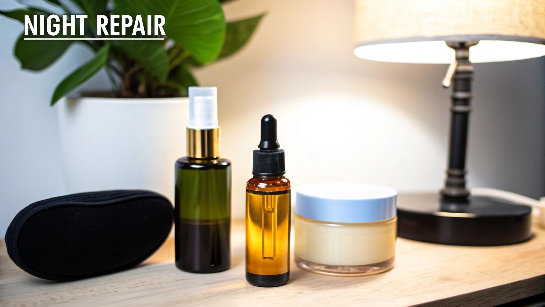 Night repair skincare essentials including a spray bottle, serum dropper, cream jar, and eye mask.