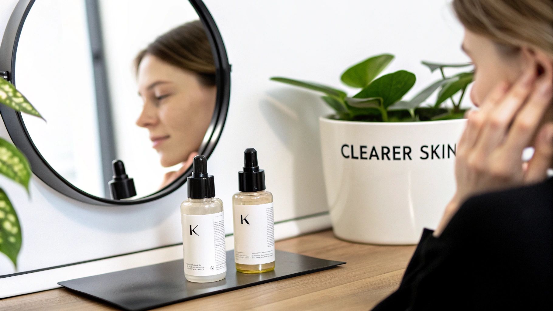 Skincare products on a wooden counter with a woman's reflection in a round mirror and a plant.