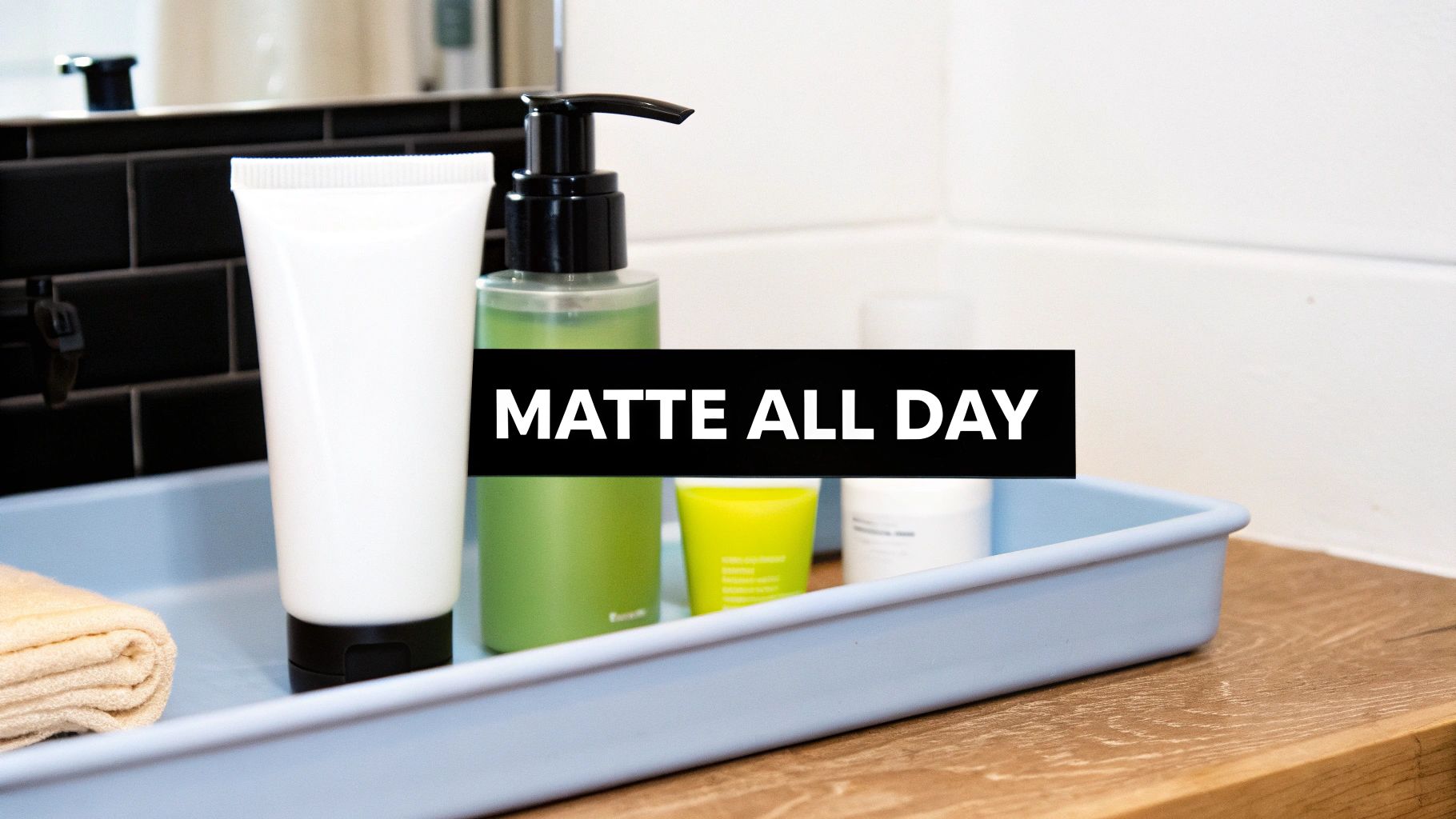 Skincare products neatly arranged in a blue tray on a wooden bathroom counter with a rolled towel.