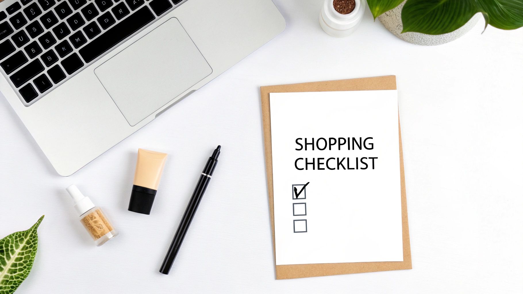 Flat lay of a white desk with a laptop, shopping checklist, pen, and cosmetic products.