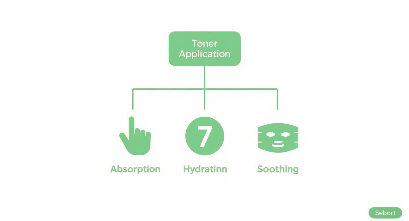 A diagram illustrating the benefits of toner application, highlighting absorption, hydration, and soothing effects.