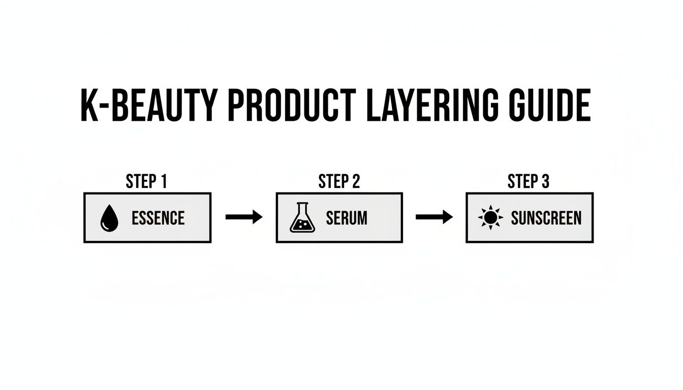 A K-Beauty product layering guide showing the sequence of Essence, Serum, and Sunscreen steps.