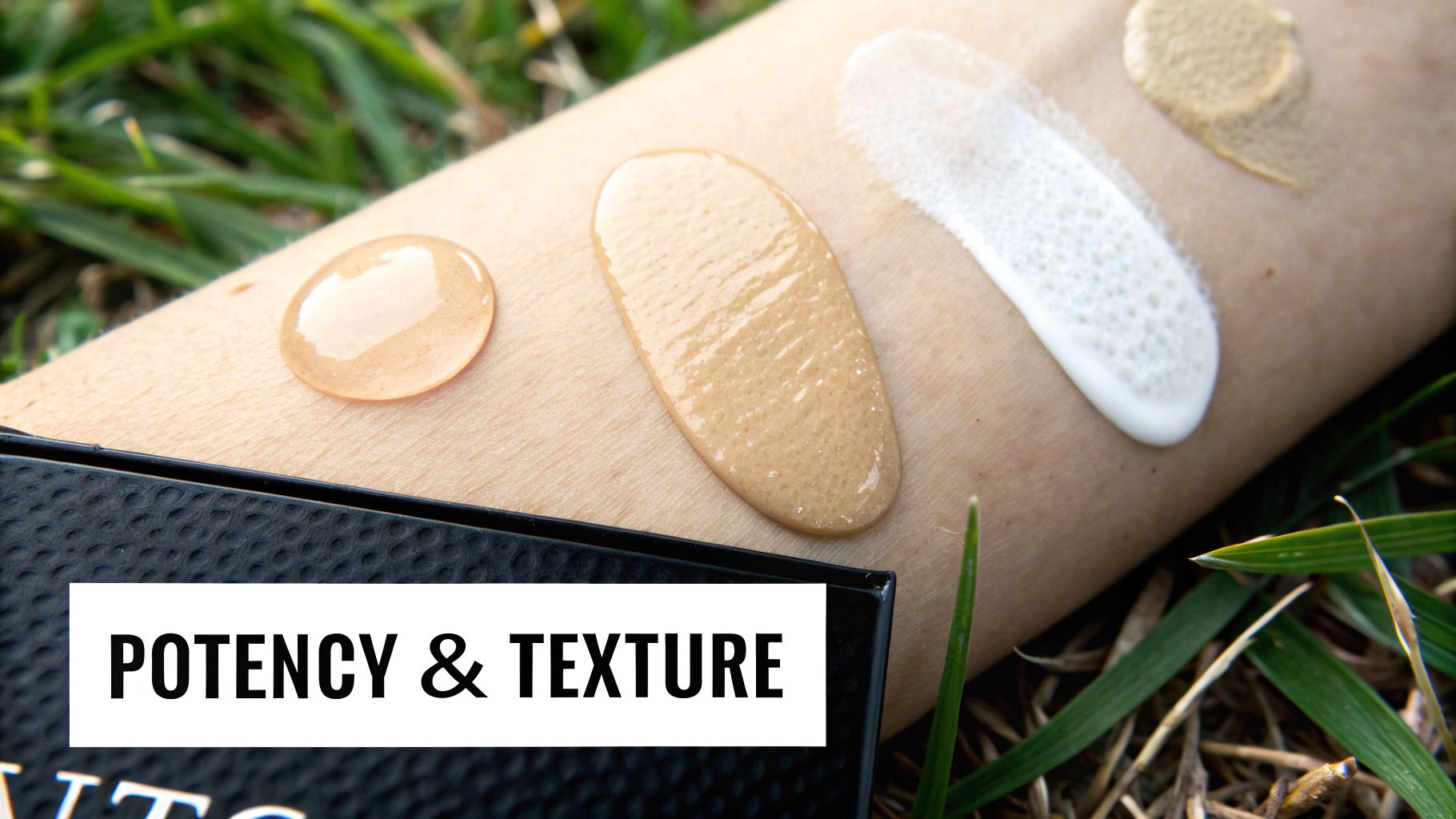 Various skincare product textures, including serum, cream, and foam, swatched on an arm, highlighting potency and texture.