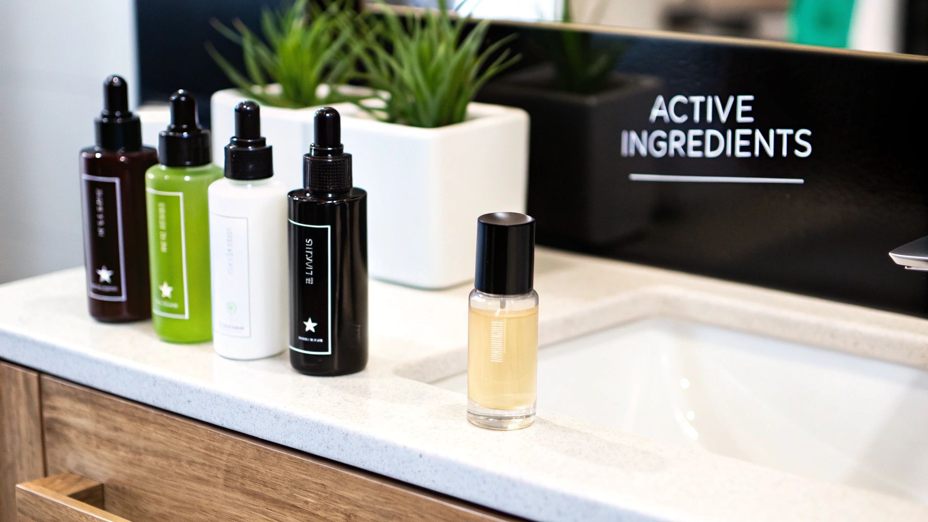 Various skincare bottles, including dropper serums, displayed on a modern bathroom vanity with an 'ACTIVE INGREDIENTS' sign.