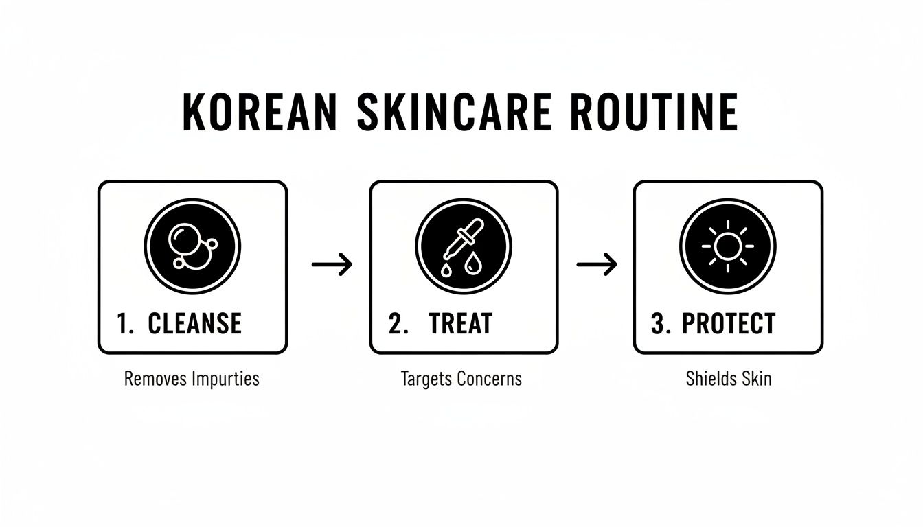 Infographic illustrating a 3-step Korean skincare routine: cleanse, treat, and protect.