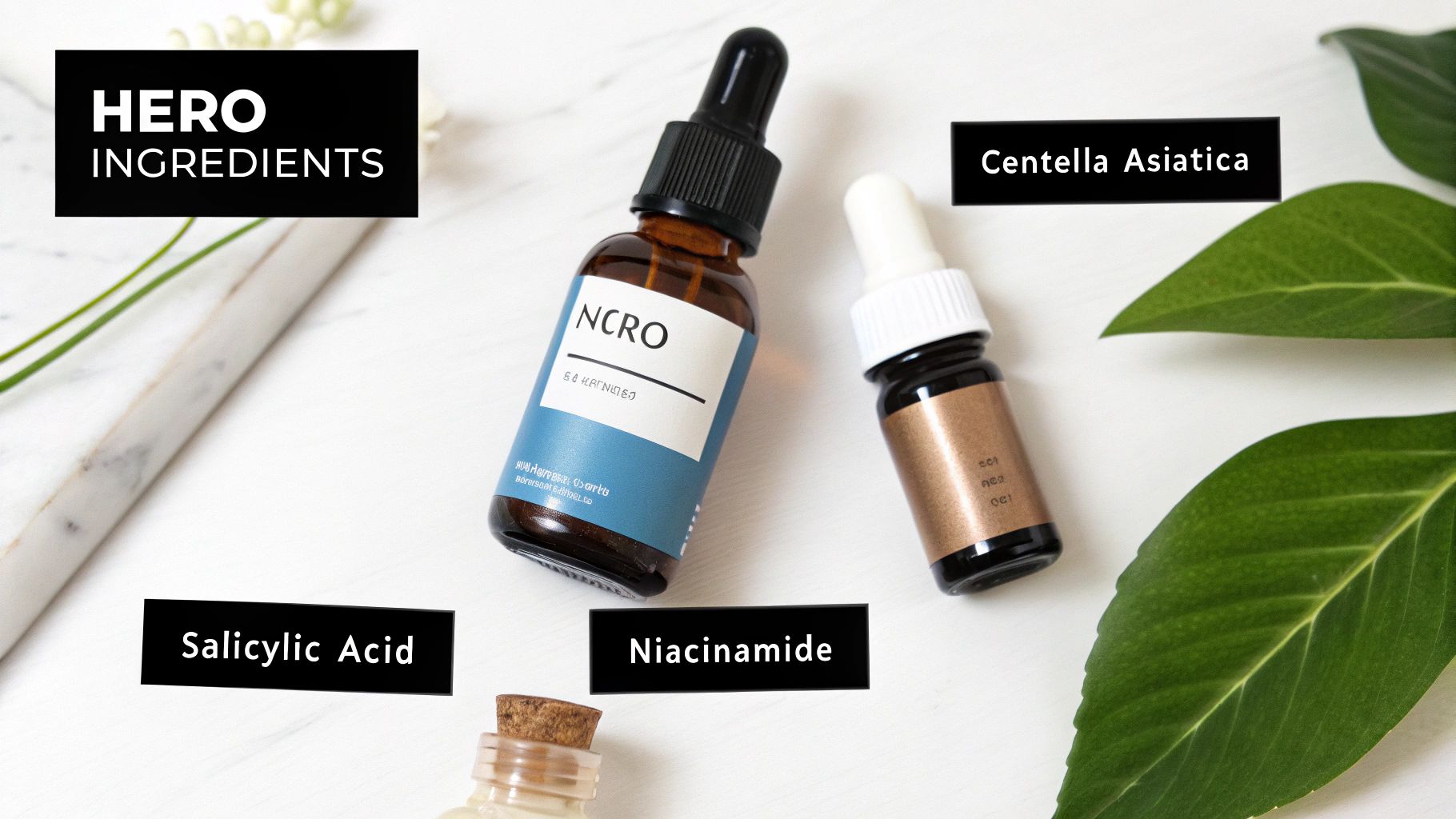 Skincare serums featuring popular ingredients like Centella Asiatica, Salicylic Acid, and Niacinamide, displayed with green leaves.
