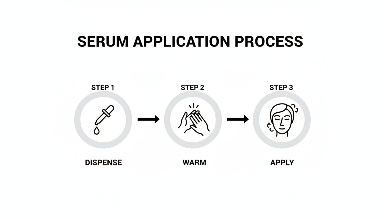 Diagram illustrating the three-step serum application process: dispense, warm in hands, and apply to face.