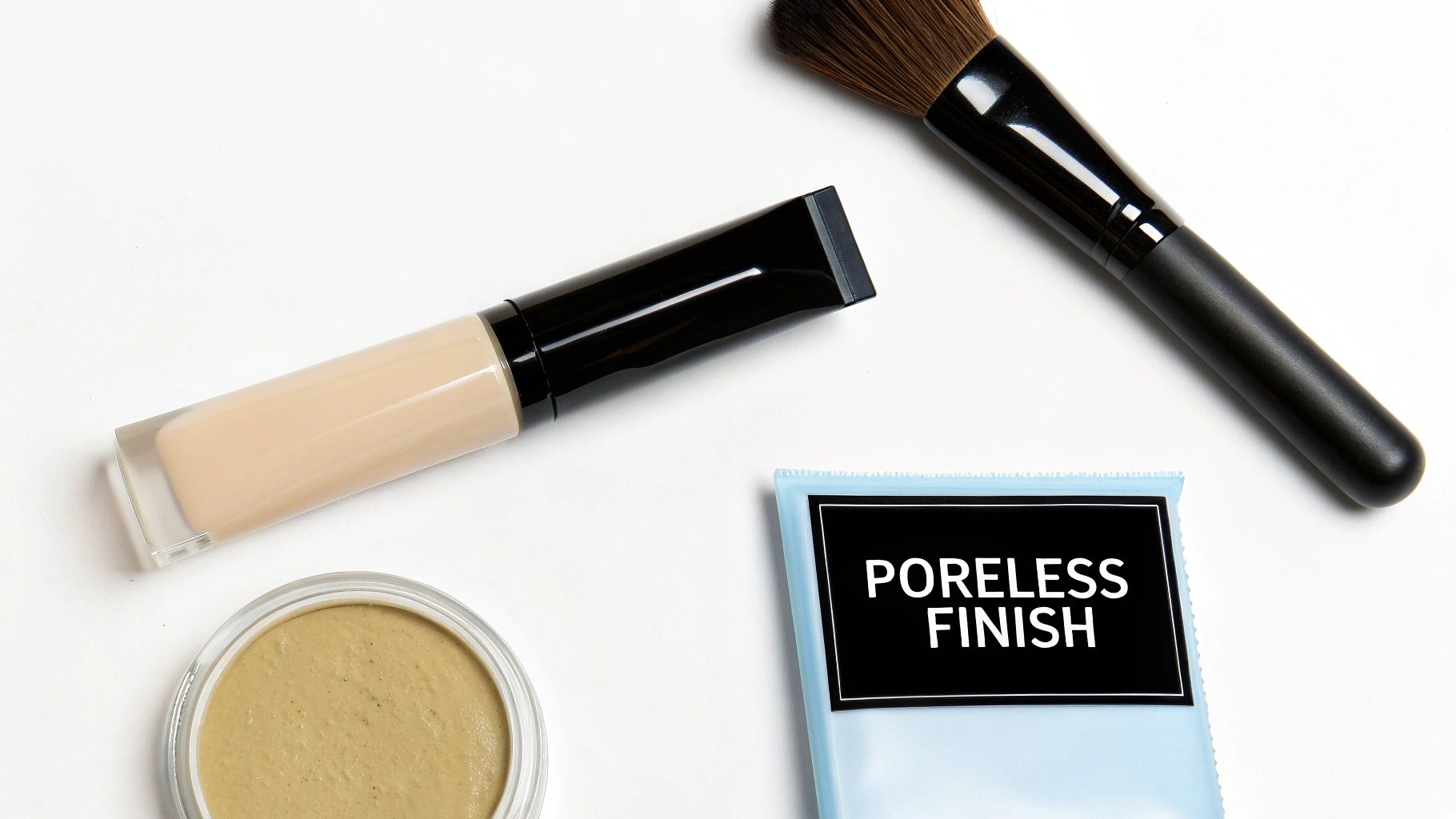 Makeup essentials including foundation, concealer, a brush, and poreless finish product on a white background.