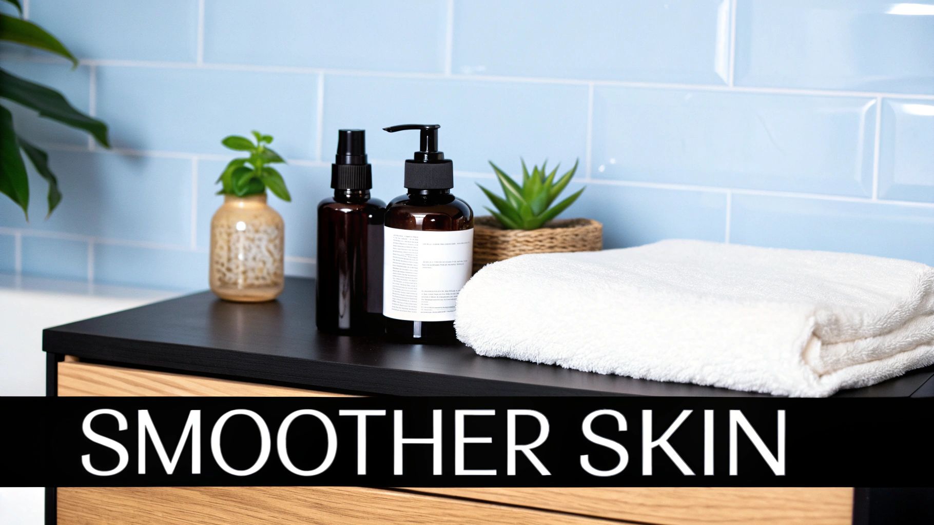 Skincare products, a small plant, and a white towel on a bathroom counter with blue tiles.